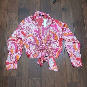 NWT Good Time USA Vibrant Pink Orange Open Tie Front Top size Medium